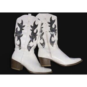 Wild Pair Women’s White Western Cowboy Boots Silver Glitter Inlay Zip Size 9.5M